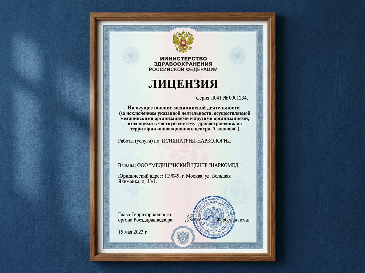 Медицинская лицензия серии Л041 Росздравнадзор — официальный документ на осуществление наркологической деятельности, гербовая печать, синий фон